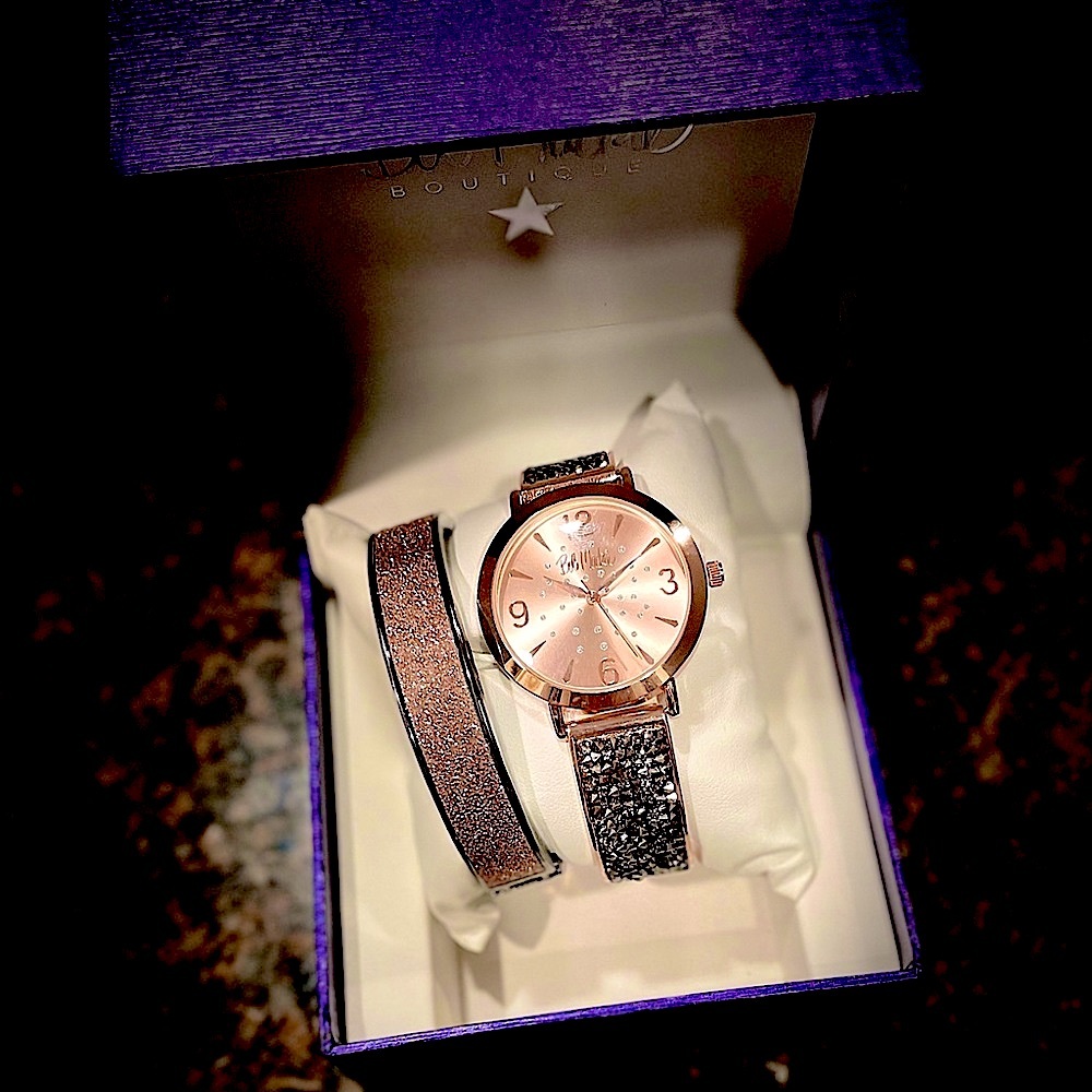 NEW in Gift Box Bob Mackie Glitz Black Bangle Wrist Watch and Crystal Bracelet